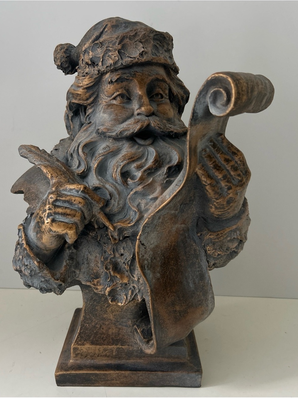 Christmas Decorative Bronze-Tone Santa Bust Statue Classic Holiday Home Art 15”